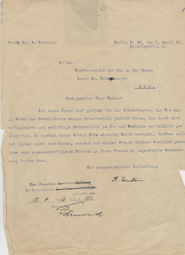 Ein Brief Albert Einsteins an den damaligen Ulmer Oberbürgermeister Emil Schwamberger